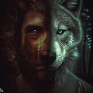 Imagen creada por IA de un rostro mitad humano y mitad lobo en un bosque.