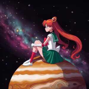 Júpiter vestida como Sailor Júpiter y mirando el planeta con el que comparte nombre. Imagen creada a través de IA.