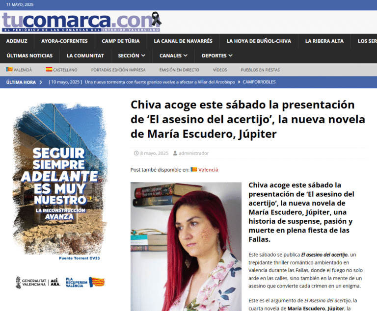 Recorte de prensa de Tu Comarca sobre el lanzamiento de la novela El Asesino del Acertijo de Júpiter